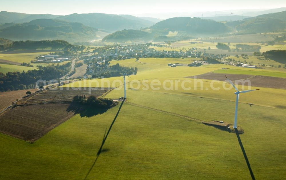 Aerial image Meschede - Wind turbine windmills on fields in the district of Remblinghausen in Meschede in the state North Rhine-Westphalia