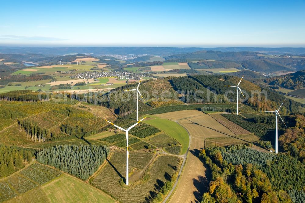 Aerial photograph Meschede - Wind turbine windmills on fields in the district of Remblinghausen in Meschede in the state North Rhine-Westphalia