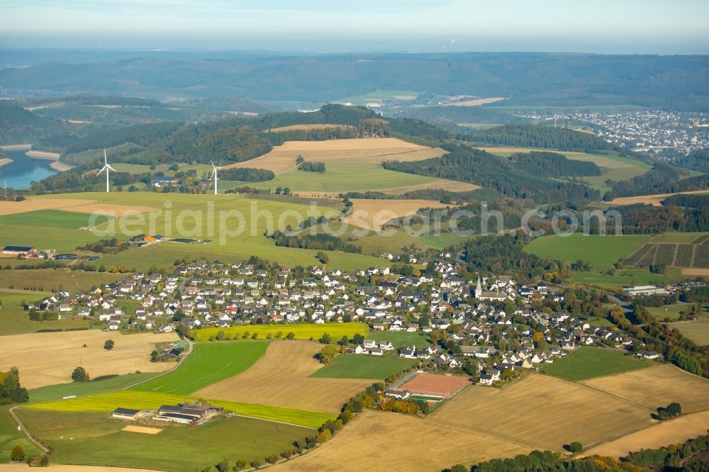 Meschede from above - Wind turbine windmills on fields in the district of Remblinghausen in Meschede in the state North Rhine-Westphalia