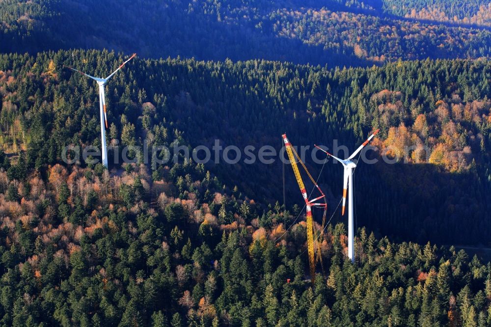 Fröhnd from above - Wind turbine generators (WTG ) - wind turbine - in the Black Forest in Froehnd in the state of Baden-Wuerttemberg. Site for deconstruction of one of the wind generators