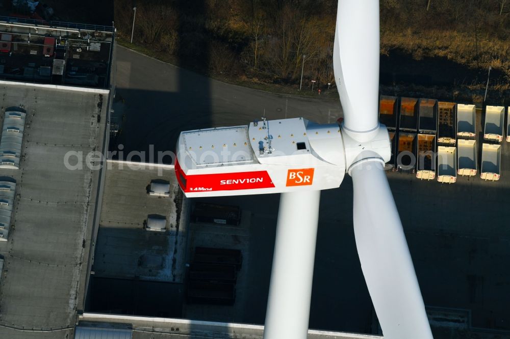 Aerial image Berlin - Wind turbine windmills on a field on Arkenberger Damm in the district Pankow in Berlin, Germany