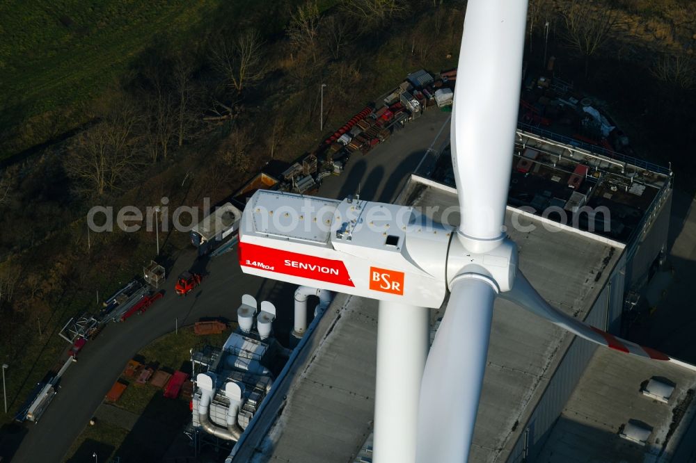 Berlin from above - Wind turbine windmills on a field on Arkenberger Damm in the district Pankow in Berlin, Germany