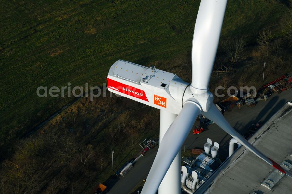 Berlin from the bird's eye view: Wind turbine windmills on a field on Arkenberger Damm in the district Pankow in Berlin, Germany