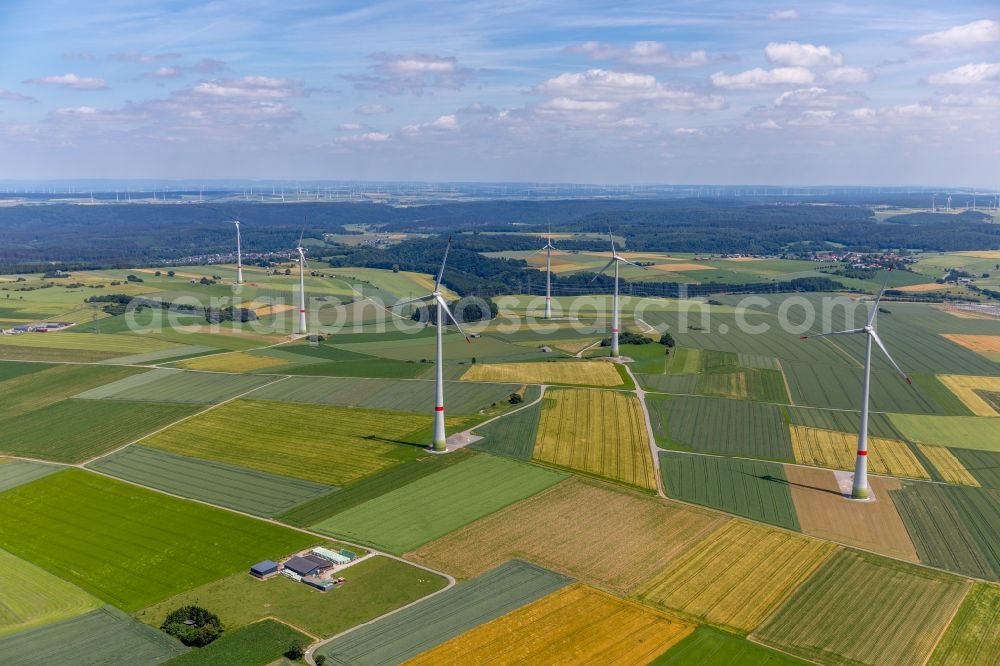 Brilon from the bird's eye view: Wind turbine windmills on a field nearby the Modellflugplatz des MFC Brilon e.V. in Brilon in the state North Rhine-Westphalia, Germany