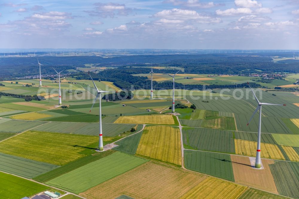 Aerial image Brilon - Wind turbine windmills on a field nearby the Modellflugplatz des MFC Brilon e.V. in Brilon in the state North Rhine-Westphalia, Germany