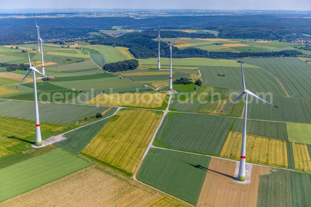 Aerial photograph Brilon - Wind turbine windmills on a field nearby the Modellflugplatz des MFC Brilon e.V. in Brilon in the state North Rhine-Westphalia, Germany