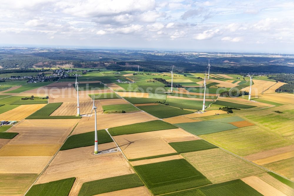 Brilon from the bird's eye view: Wind turbine windmills on a field nearby the Modellflugplatz des MFC Brilon e.V. in Brilon in the state North Rhine-Westphalia, Germany