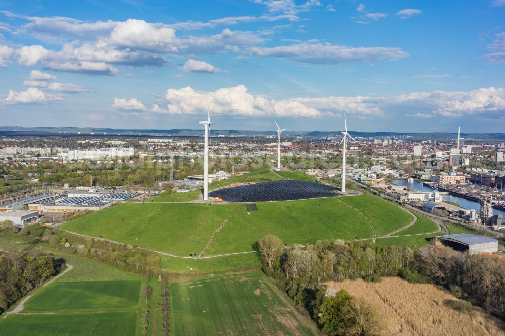 Karlsruhe from above - Wind turbine windmills on a mountain in Karlsruhe in the state Baden-Wuerttemberg