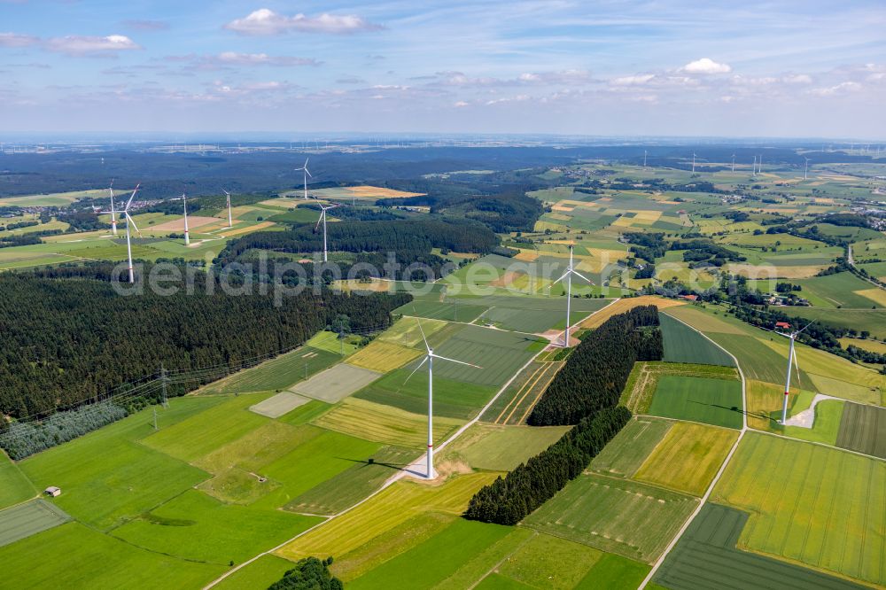 Brilon from above - Wind turbine windmills on a field nearby Brilon at Sauerland in the state North Rhine-Westphalia, Germany