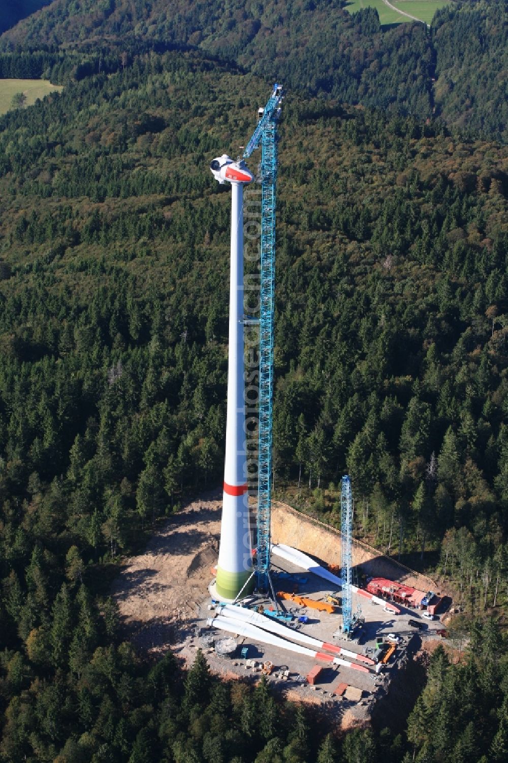 Schopfheim from above - On the Rohrenkopf, the local mountain of Gersbach, a district of Schopfheim in Baden-Wuerttemberg, 5 wind turbines are built by Enercon