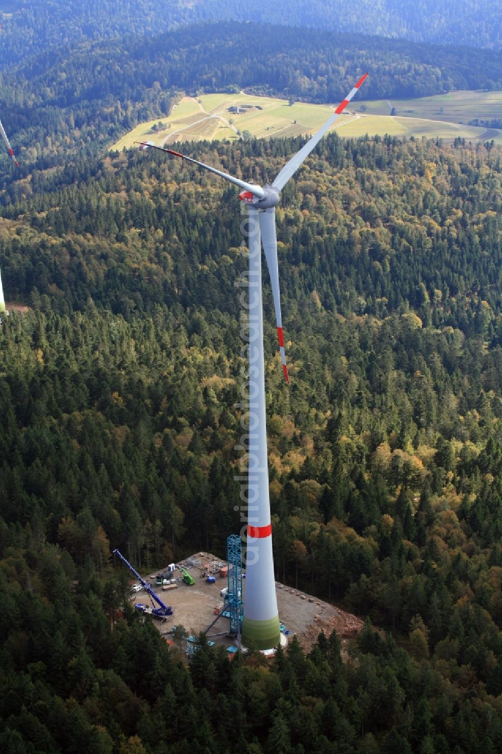 Aerial photograph Schopfheim - On the Rohrenkopf, the local mountain of Gersbach, a district of Schopfheim in Baden-Wuerttemberg, 5 wind turbines are built. It is the first wind farm in the south of the Black Forest