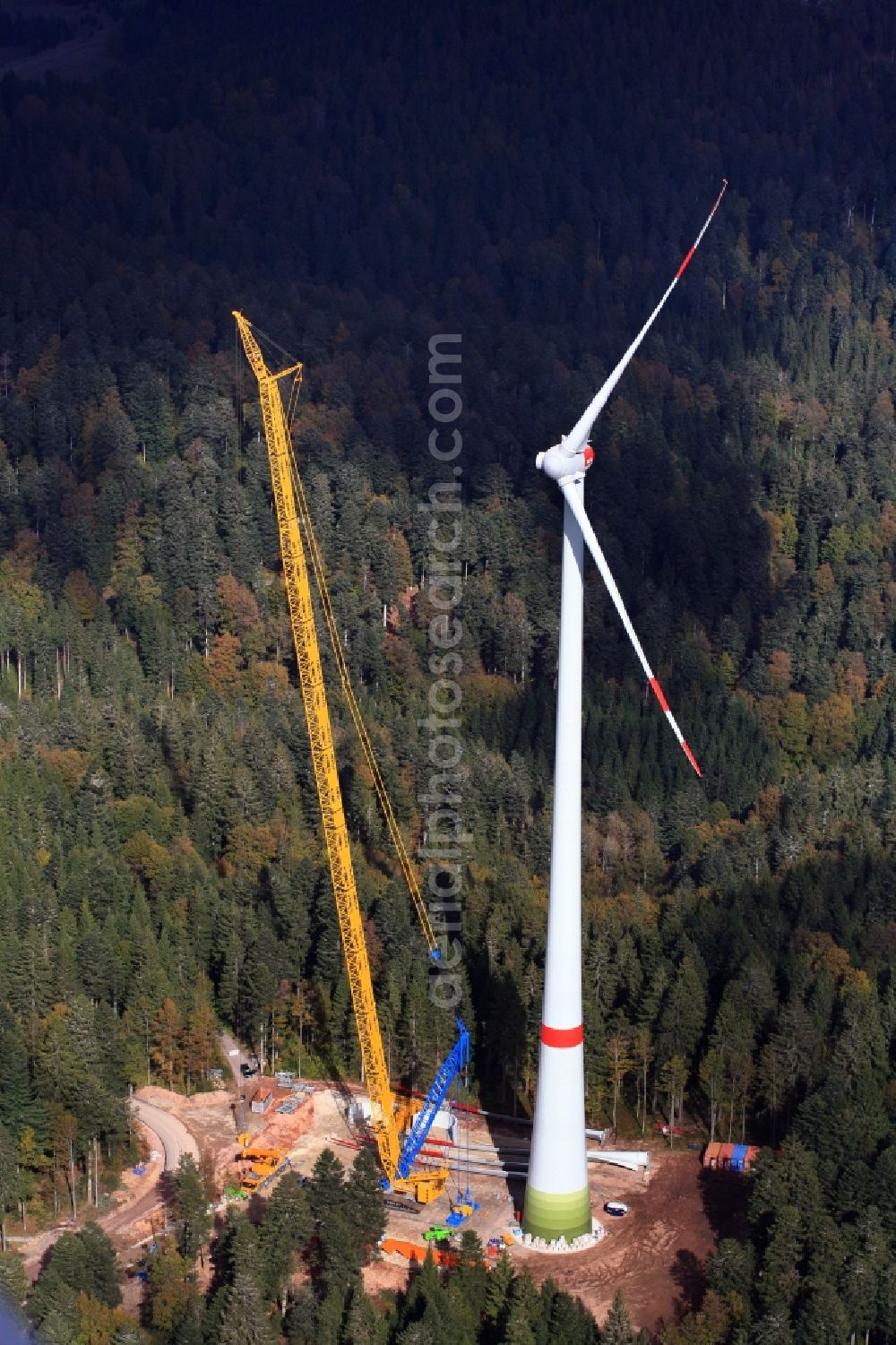 Schopfheim from above - On the Rohrenkopf, the local mountain of Gersbach, a district of Schopfheim in Baden-Wuerttemberg, 5 wind turbines are built. It is the first wind farm in the south of the Black Forest