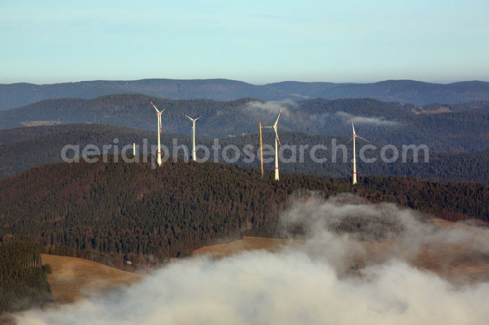 Schopfheim from above - On the Rohrenkopf, the local mountain of Gersbach, a district of Schopfheim in Baden-Wuerttemberg, 5 wind turbines are built. It is the first wind farm in the south of the Black Forest