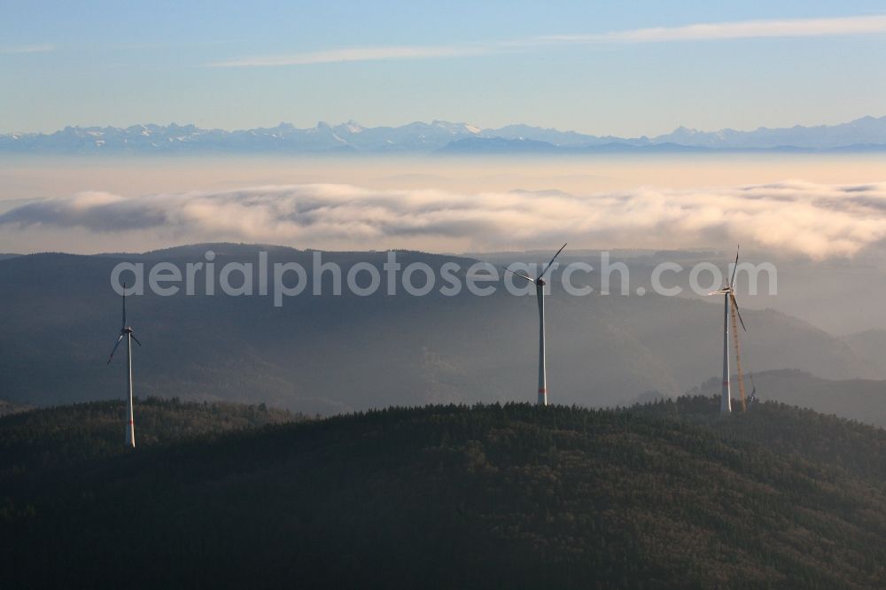 Aerial image Schopfheim - On the Rohrenkopf, the local mountain of Gersbach, a district of Schopfheim in Baden-Wuerttemberg, 5 wind turbines are built. It is the first wind farm in the south of the Black Forest