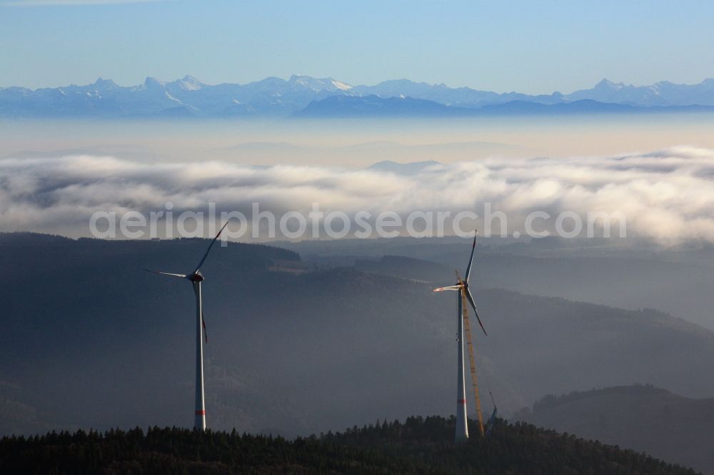 Aerial photograph Schopfheim - On the Rohrenkopf, the local mountain of Gersbach, a district of Schopfheim in Baden-Wuerttemberg, 5 wind turbines are built. It is the first wind farm in the south of the Black Forest