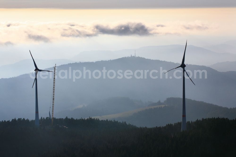 Aerial photograph Schopfheim - On the Rohrenkopf, the local mountain of Gersbach, a district of Schopfheim in Baden-Wuerttemberg, 5 wind turbines are built. It is the first wind farm in the south of the Black Forest