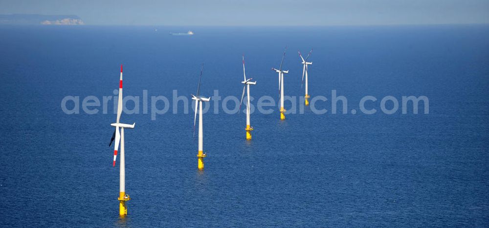 Zingst from the bird's eye view: Windräder / Windradanlage / Windpark / Windkraftanlage EnBW Baltic 1 in der Ostsee in Mecklenburg-Vorpommern. Ein Projekt der EnBW Erneuerbare Energien GmbH und der Siemens Wind Power AJS. Wind turbines / offshore wind farm / Wind power station EnBW Baltic 1 in the Baltic See in Mecklenburg-Western Pomerania.