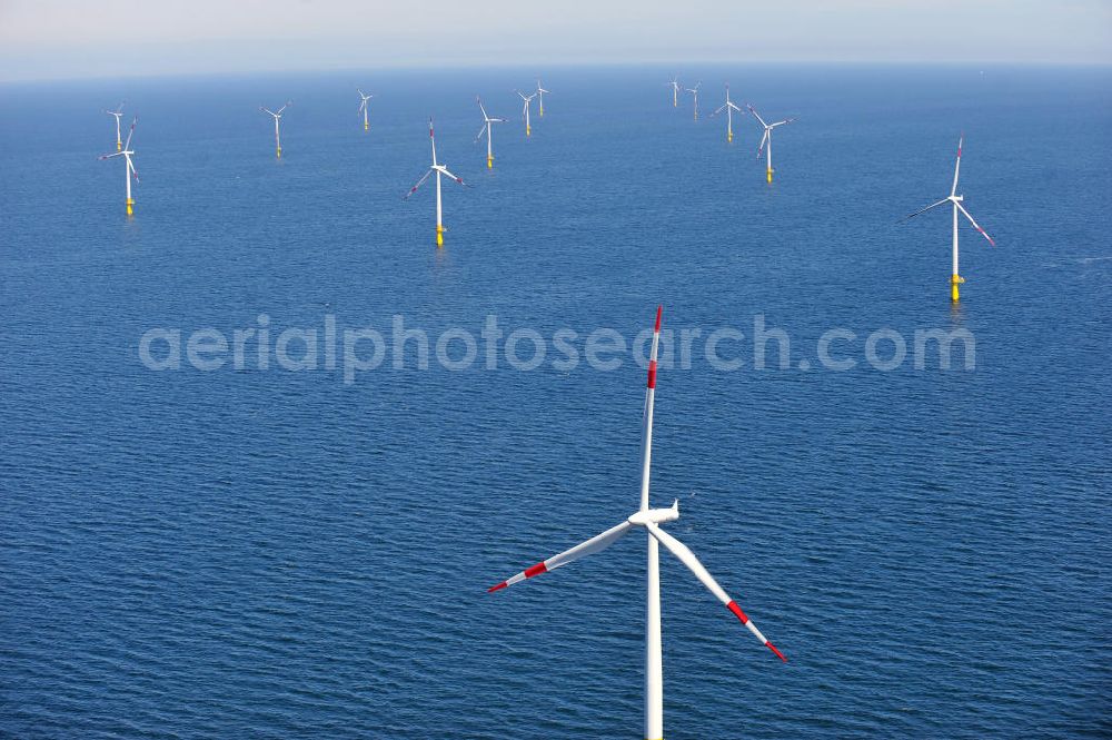 Zingst from above - Windräder / Windradanlage / Windpark / Windkraftanlage EnBW Baltic 1 in der Ostsee in Mecklenburg-Vorpommern. Ein Projekt der EnBW Erneuerbare Energien GmbH und der Siemens Wind Power AJS. Wind turbines / offshore wind farm / Wind power station EnBW Baltic 1 in the Baltic See in Mecklenburg-Western Pomerania.