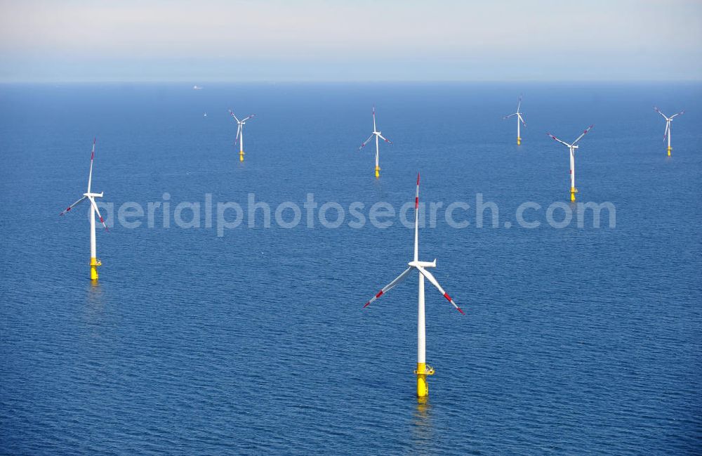 Aerial image Zingst - Windräder / Windradanlage / Windpark / Windkraftanlage EnBW Baltic 1 in der Ostsee in Mecklenburg-Vorpommern. Ein Projekt der EnBW Erneuerbare Energien GmbH und der Siemens Wind Power AJS. Wind turbines / offshore wind farm / Wind power station EnBW Baltic 1 in the Baltic See in Mecklenburg-Western Pomerania.