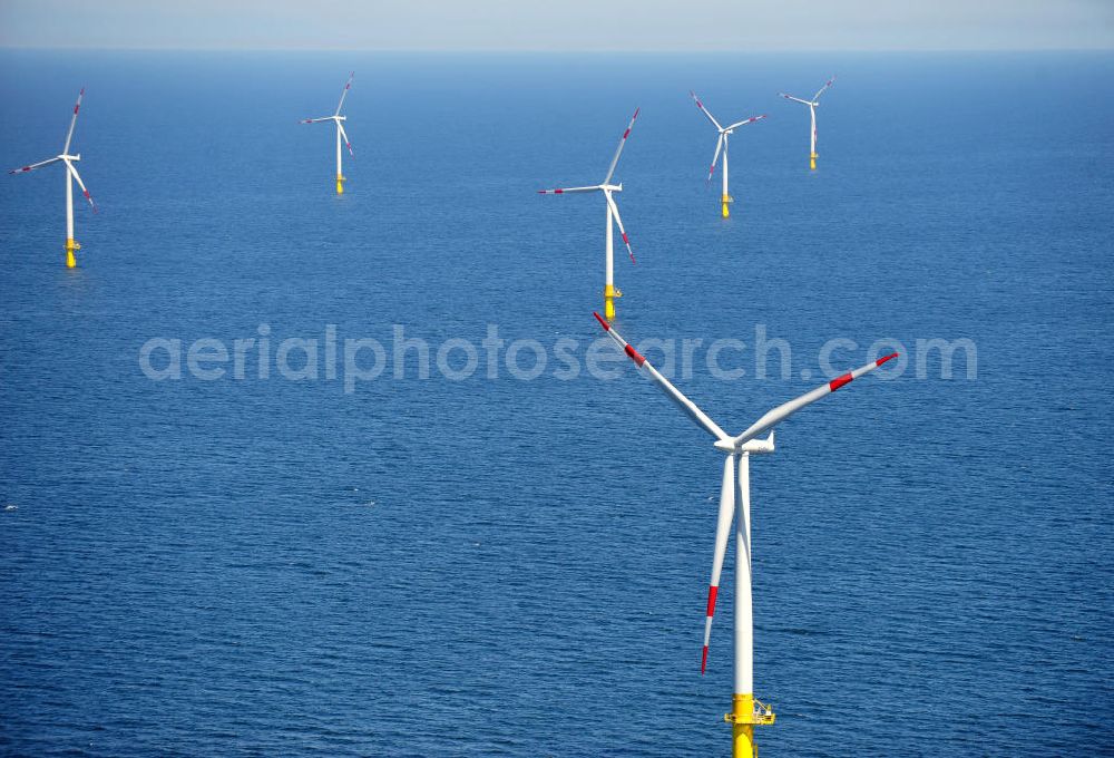 Aerial image Zingst - Windräder / Windradanlage / Windpark / Windkraftanlage EnBW Baltic 1 in der Ostsee in Mecklenburg-Vorpommern. Ein Projekt der EnBW Erneuerbare Energien GmbH und der Siemens Wind Power AJS. Wind turbines / offshore wind farm / Wind power station EnBW Baltic 1 in the Baltic See in Mecklenburg-Western Pomerania.