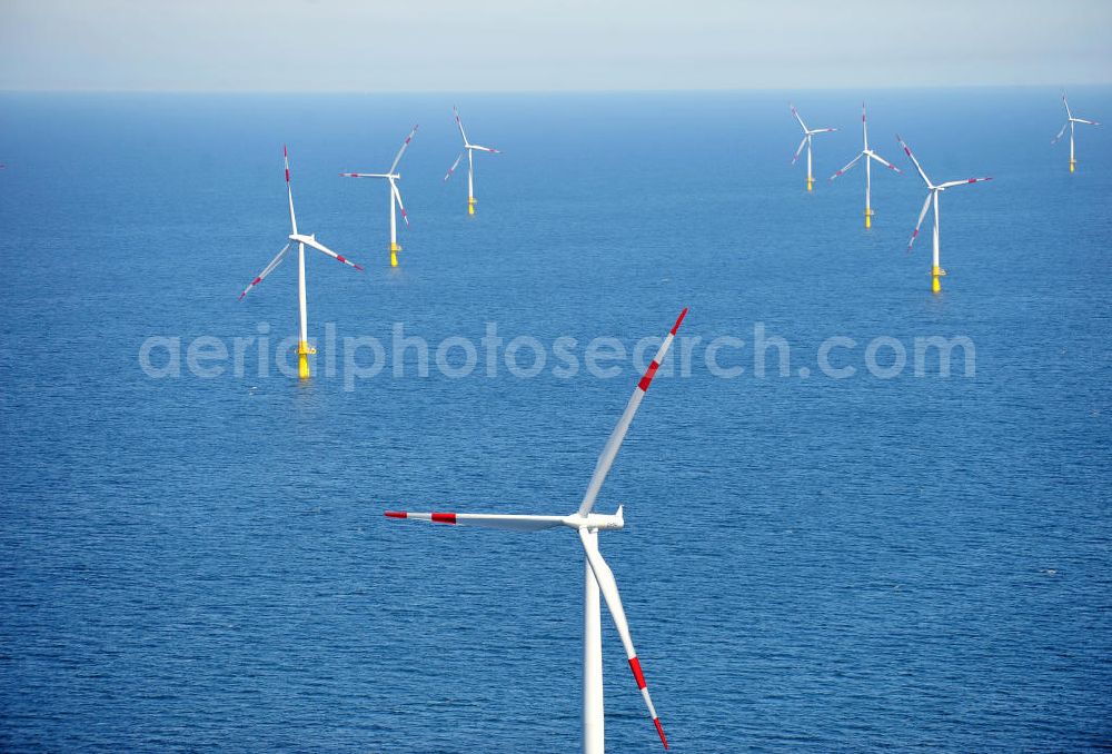 Aerial photograph Zingst - Windräder / Windradanlage / Windpark / Windkraftanlage EnBW Baltic 1 in der Ostsee in Mecklenburg-Vorpommern. Ein Projekt der EnBW Erneuerbare Energien GmbH und der Siemens Wind Power AJS. Wind turbines / offshore wind farm / Wind power station EnBW Baltic 1 in the Baltic See in Mecklenburg-Western Pomerania.