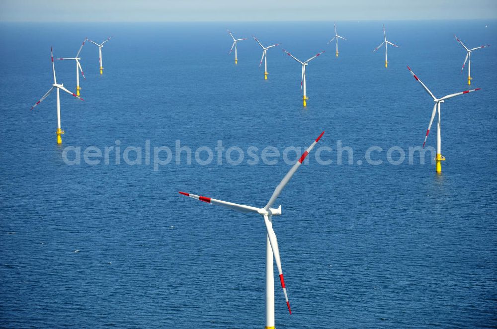 Aerial image Zingst - Windräder / Windradanlage / Windpark / Windkraftanlage EnBW Baltic 1 in der Ostsee in Mecklenburg-Vorpommern. Ein Projekt der EnBW Erneuerbare Energien GmbH und der Siemens Wind Power AJS. Wind turbines / offshore wind farm / Wind power station EnBW Baltic 1 in the Baltic See in Mecklenburg-Western Pomerania.