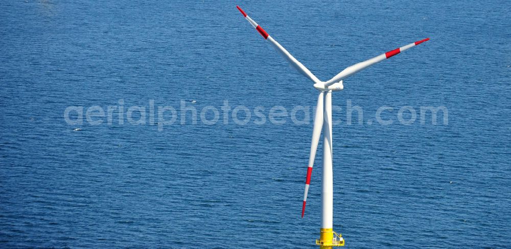 Aerial photograph Zingst - Windräder / Windradanlage / Windpark / Windkraftanlage EnBW Baltic 1 in der Ostsee in Mecklenburg-Vorpommern. Ein Projekt der EnBW Erneuerbare Energien GmbH und der Siemens Wind Power AJS. Wind turbines / offshore wind farm / Wind power station EnBW Baltic 1 in the Baltic See in Mecklenburg-Western Pomerania.