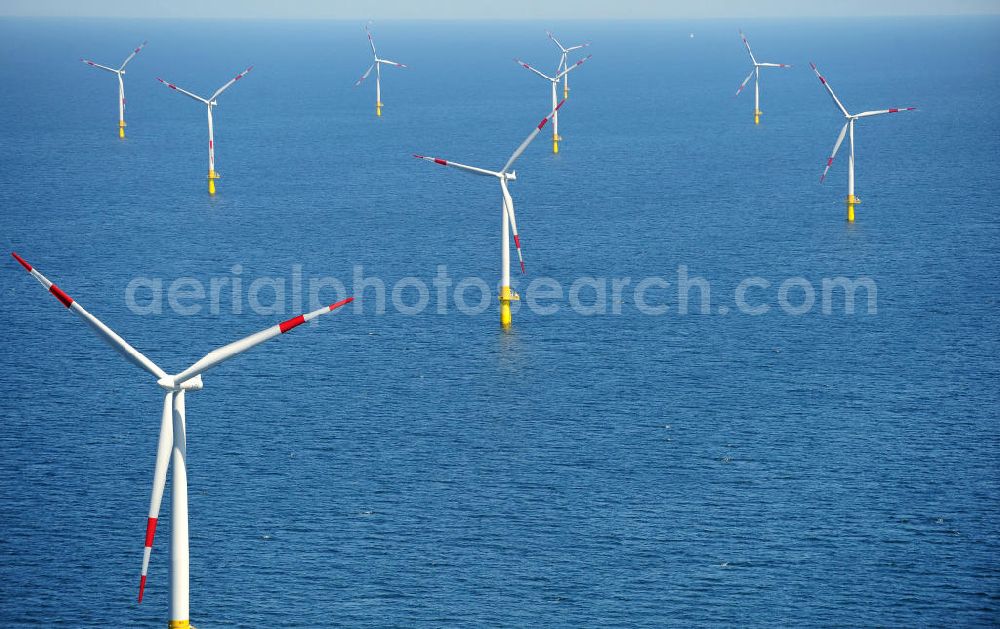 Zingst from the bird's eye view: Windräder / Windradanlage / Windpark / Windkraftanlage EnBW Baltic 1 in der Ostsee in Mecklenburg-Vorpommern. Ein Projekt der EnBW Erneuerbare Energien GmbH und der Siemens Wind Power AJS. Wind turbines / offshore wind farm / Wind power station EnBW Baltic 1 in the Baltic See in Mecklenburg-Western Pomerania.