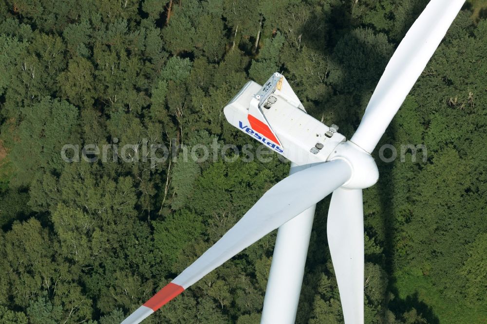 Aerial image Sallgast - Wind turbine of Vestas Wind Systems on the edge of the forest wind farm of Goellnitz-Lieskau-Rehain in Sallgast in the state of Brandenburg