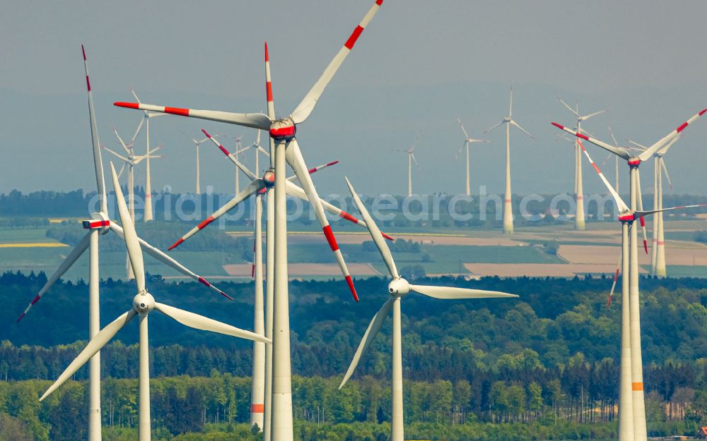 Bad Wünnenberg from above - Agricultural land and fields with wind turbines in Bad Wuennenberg in the state North Rhine-Westphalia, Germany