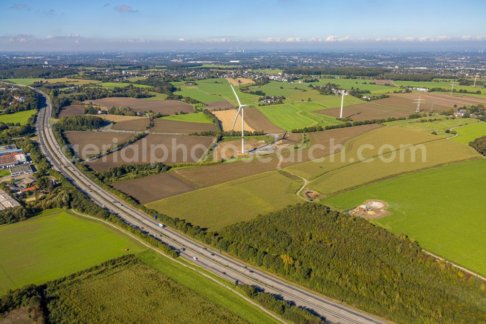 Persebeck from the bird's eye view: Agricultural land and fields with wind turbines in Persebeck at Ruhrgebiet in the state North Rhine-Westphalia, Germany