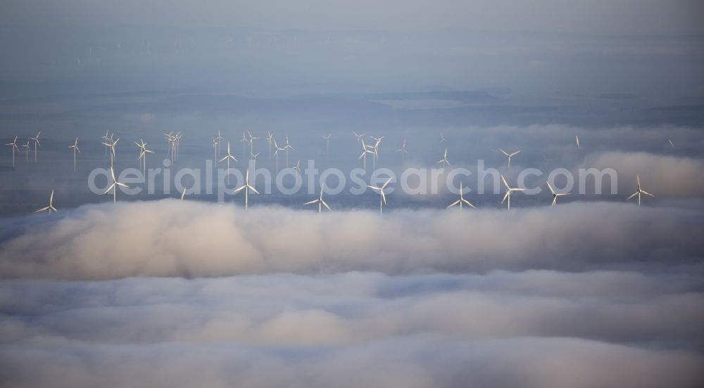 Aerial image Marsberg - Wind turbines in Sauerland, North Rhine-Westphalia, Germany