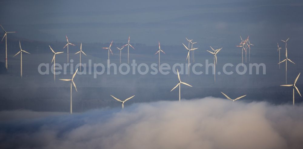 Aerial photograph Marsberg - Wind turbines in Sauerland, North Rhine-Westphalia, Germany