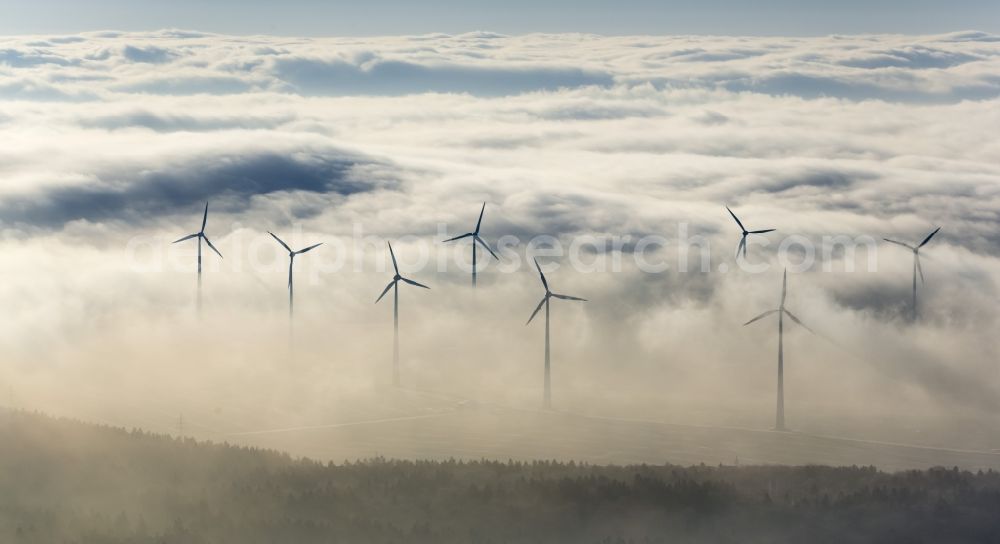 Aerial photograph Marsberg - Wind turbines in Sauerland, North Rhine-Westphalia, Germany