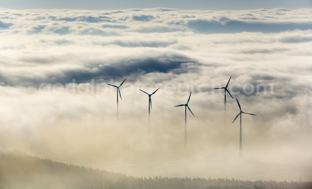Marsberg from above - Wind turbines in Sauerland, North Rhine-Westphalia, Germany