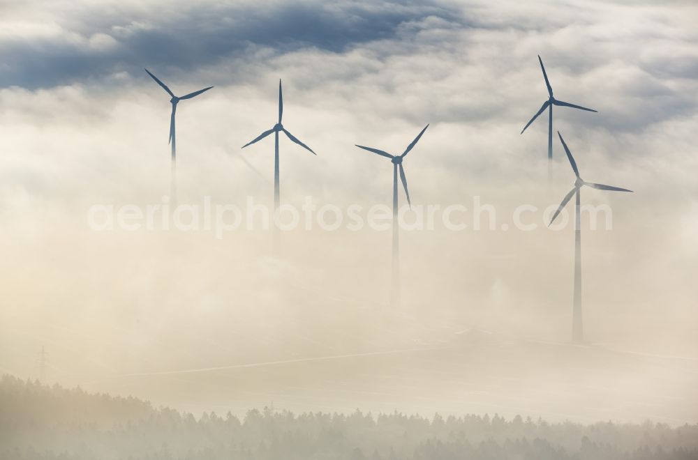 Marsberg from the bird's eye view: Wind turbines in Sauerland, North Rhine-Westphalia, Germany