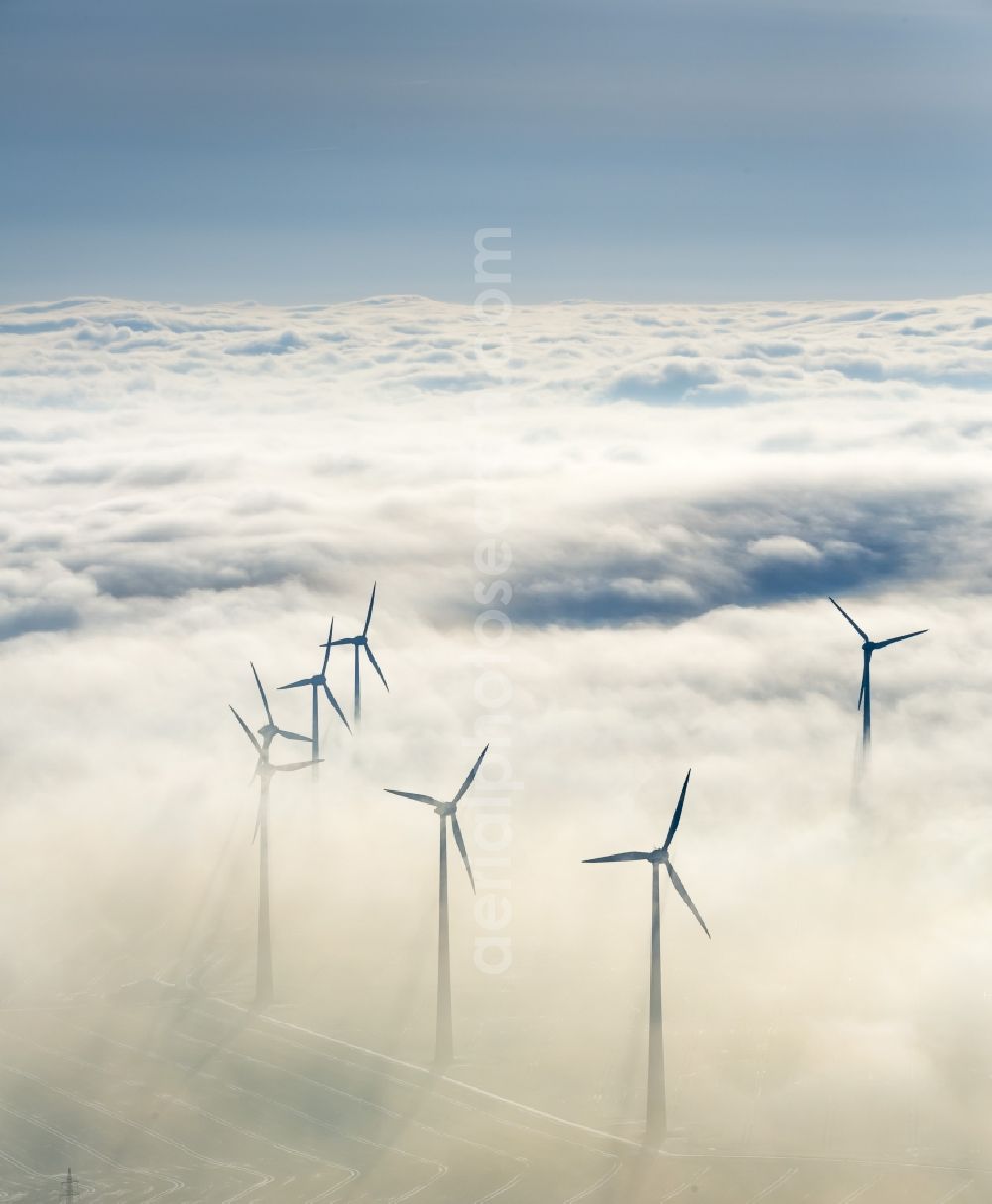 Marsberg from the bird's eye view: Wind turbines in Sauerland, North Rhine-Westphalia, Germany