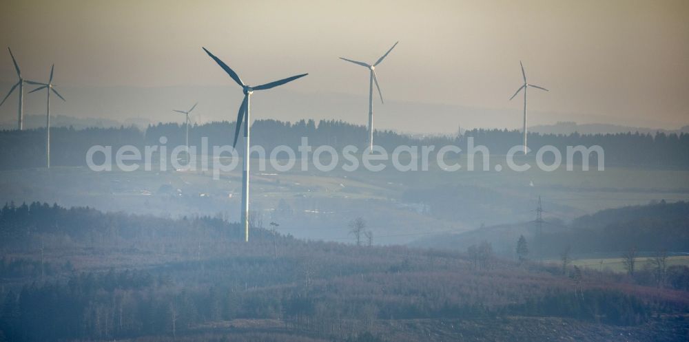 Aerial image Marsberg - Wind turbines in Sauerland, North Rhine-Westphalia, Germany