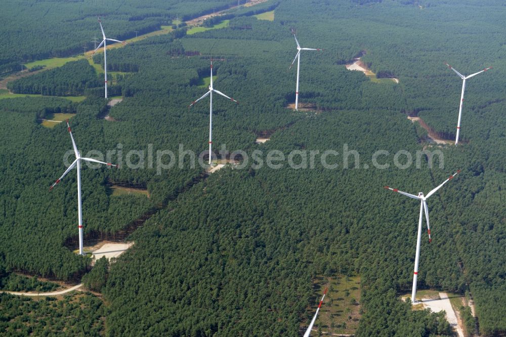 Sallgast from above - Wind turbines of the wind farm Goellnitz-Lieskau-Rehain in Sallgast in the state of Brandenburg. The park is the largest forest wind farm of Germany