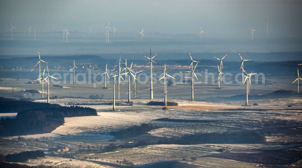 Brilon from the bird's eye view: Wind turbines of the wind farm at Madfeld in Brilon in North Rhine-Westphalia