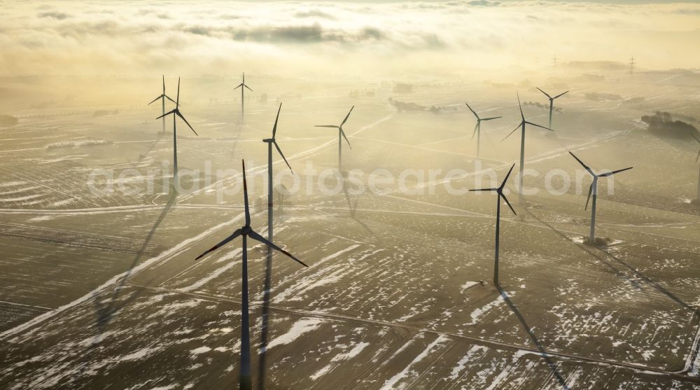 Brilon from above - Wind turbines of the wind farm at Madfeld in Brilon in North Rhine-Westphalia