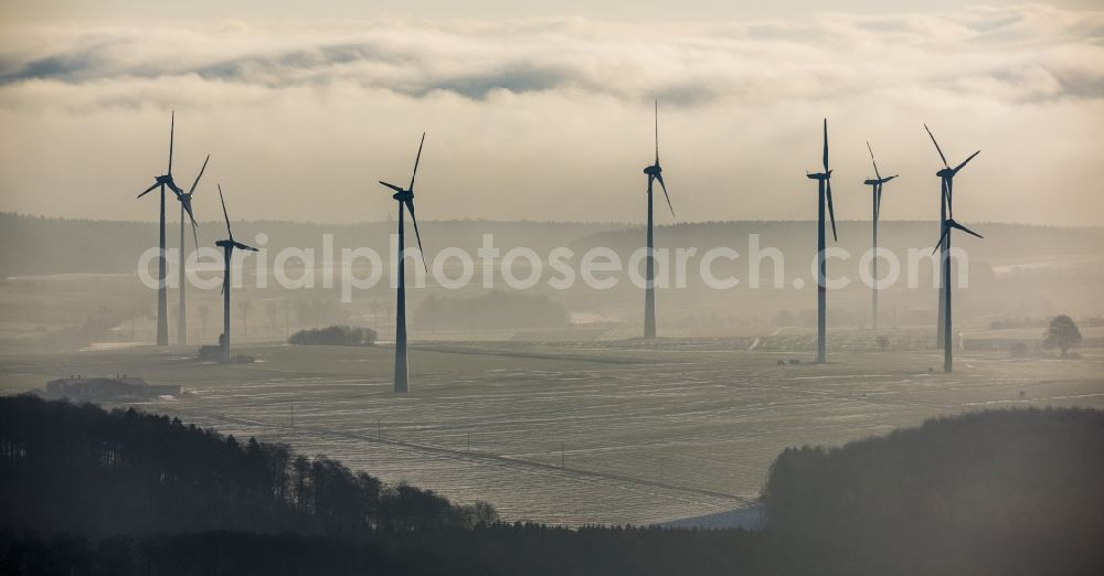 Brilon from the bird's eye view: Wind turbines of the wind farm at Madfeld in Brilon in North Rhine-Westphalia