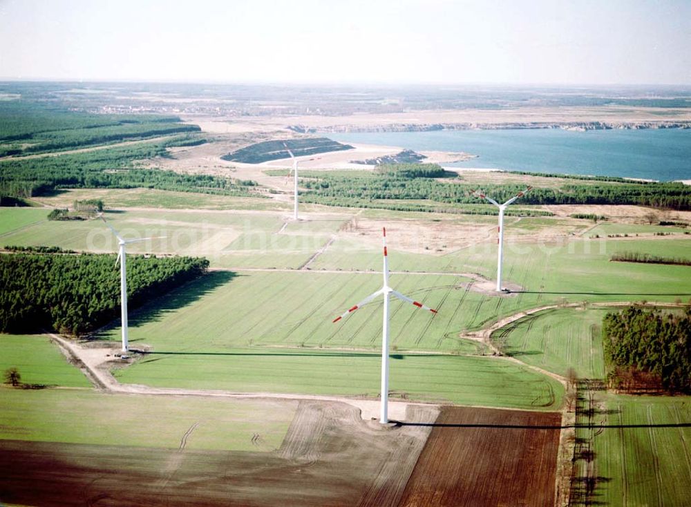 Aerial photograph Woschkow - Windkraftpark Woschkow mit 4 Anlagen vom Typ MD 70. REpower Systems AG -Hauptverwaltung- Flughafenstrasse 54 D-22335 Hamburg Datum: 31.03.2003