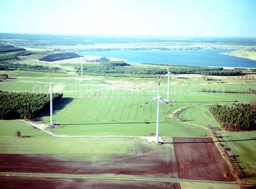 Aerial photograph Woschkow - Windkraftpark Woschkow mit 4 Anlagen vom Typ MD 70. REpower Systems AG -Hauptverwaltung- Flughafenstrasse 54 D-22335 Hamburg Datum: 31.03.2003