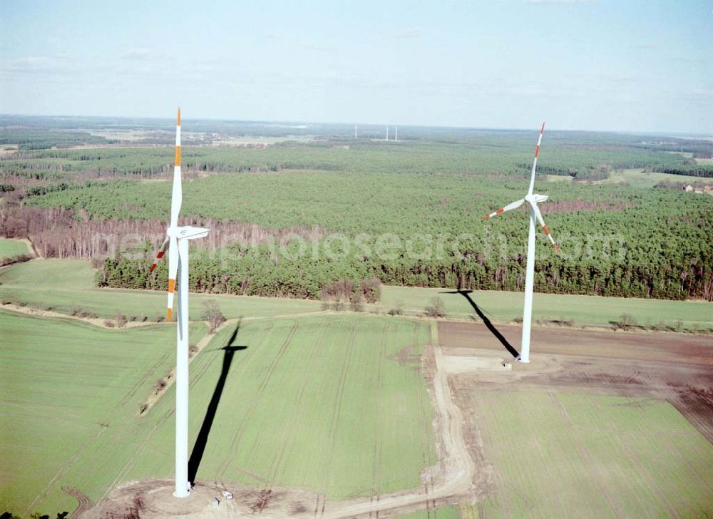 Aerial image Woschkow / BRB - Windkraftpark Woschkow in Brandenburg mit 4 Anlagen vom Typ MD 70. REpower Systems AG -Hauptverwaltung- Flughafenstrasse 54 D-22335 Hamburg Datum: 31.03.2003