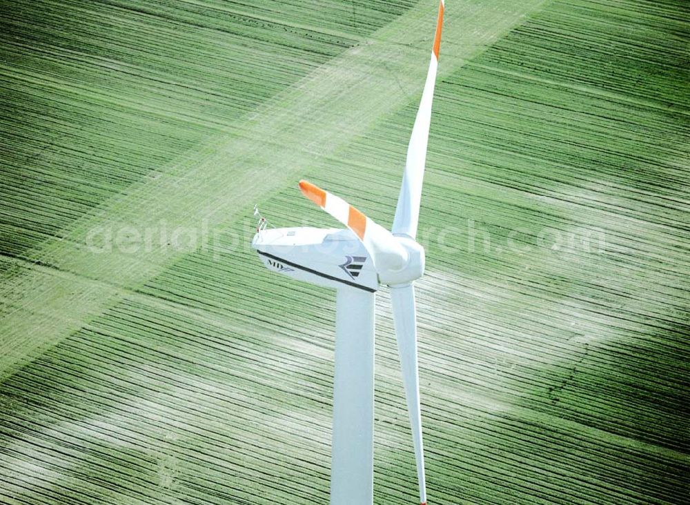 Aerial photograph Woschkow / Brandenburg - Windkraftpark Woschkow in Brandenburg mit 4 Anlagen vom Typ MD 70. REpower Systems AG -Hauptverwaltung- Flughafenstrasse 54 D-22335 Hamburg Datum: 31.03.2003