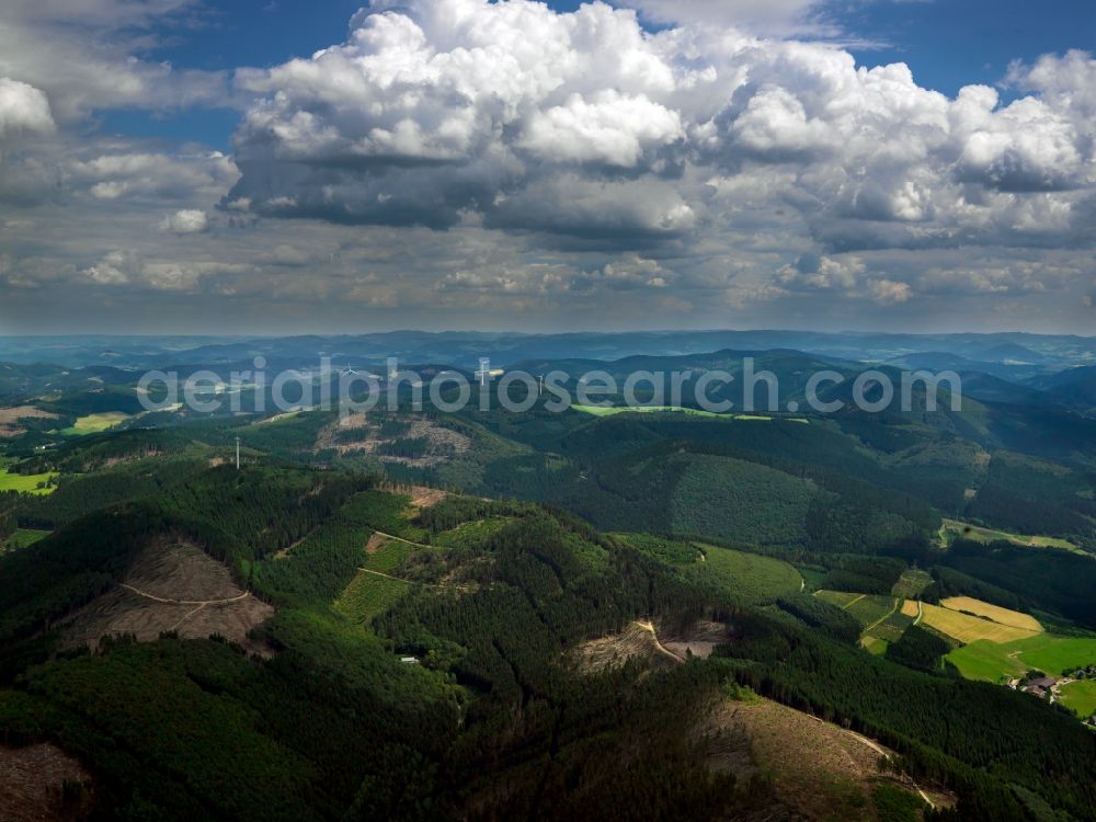 Lennestadt from the bird's eye view: The surrounding landscape of Lennestadt in the Sauerland region of the state of North Rhine-Westphalia. Lennestadt is located in the district of Olpe and consists of 43 parts. It is especially important as a recreational area and as a tourist destination