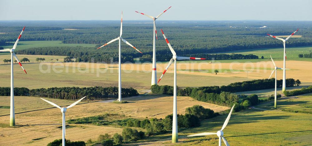 Aerial image Woltersdorf - 06/27/2011 WOLTERSDORF view wind turbines of a wind power plant on the harvested fields at Woltersdorf in Saxony-Anhalt