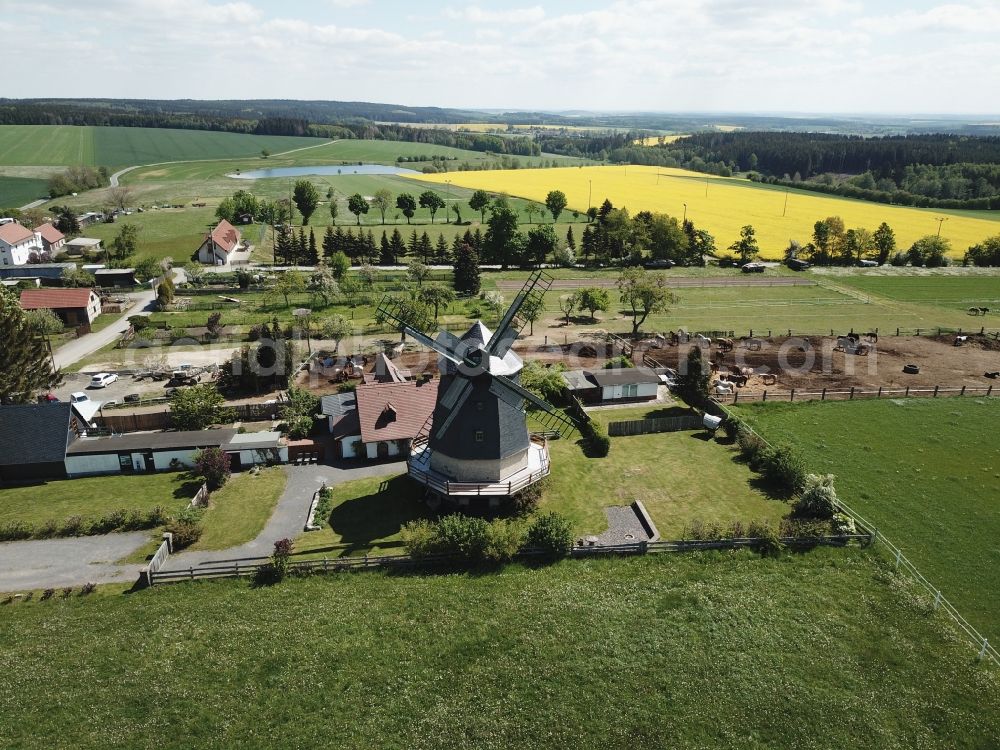 Linda bei Neustadt an der Orla from above - Historic windmill on a farm homestead on the edge of cultivated fields in Linda bei Neustadt an der Orla in the state Thuringia, Germany