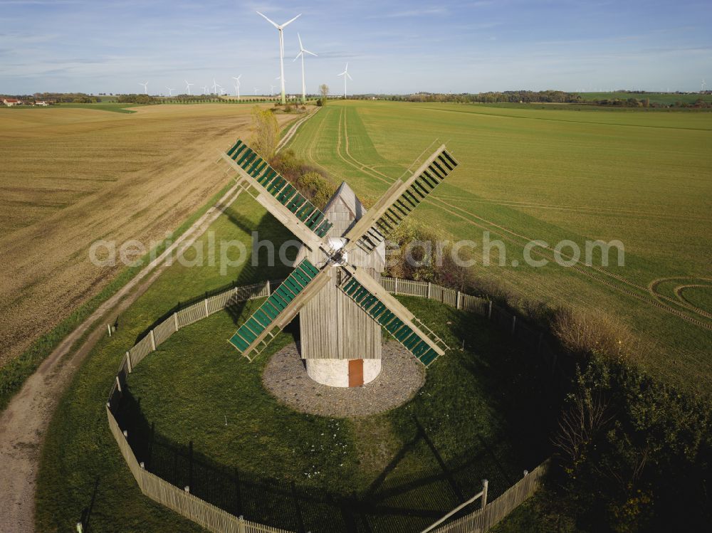 Aerial photograph Grimma - Paltrock windmill Schkortitz. The mill was dismantled in 2009 in Wurzen OT Roitzsch (Nemter Weg), rebuilt in 2013 at the new location in Grimma in the state of Saxony, Germany